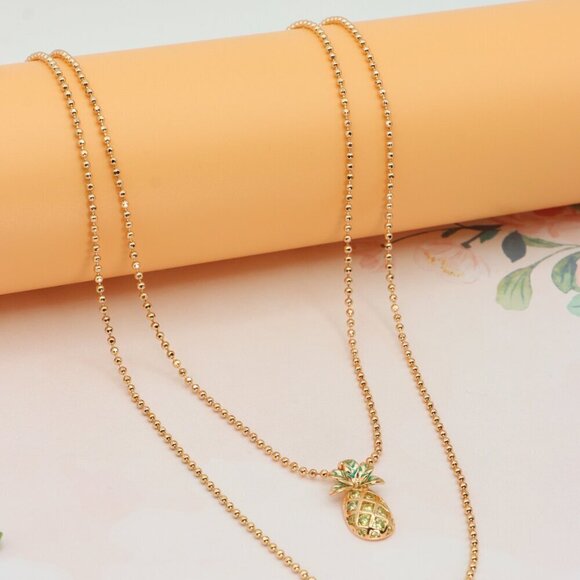 Rose Gold Pineapple Pendant Necklace with Double Bead Chain Design, XPNL0261 - Picture 5 of 13